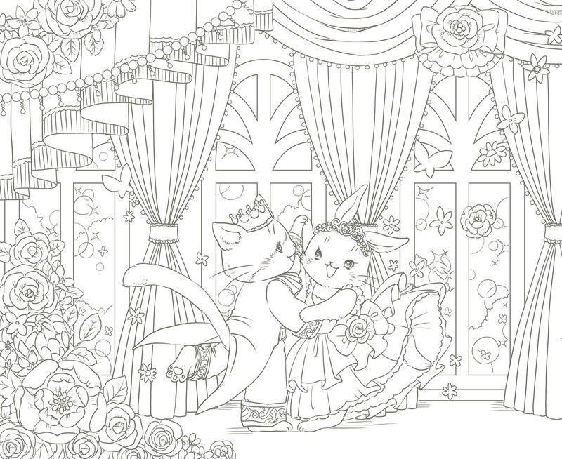 992-00072 Royal ball coloring page of the animal friends dancing in a grand hall with tall curtains