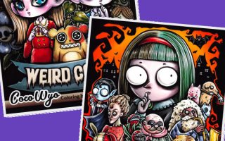 A weird and spooky coloring book bundle cover: big-eyed characters with skulls and monsters in bold color