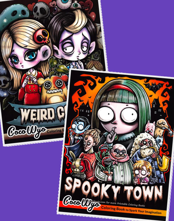 A weird and spooky coloring book bundle cover: big-eyed characters with skulls and monsters in bold color