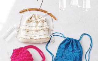 Cover of a 25 Delightful Crochet Backpack Patterns book showing a frilled cream backpack, fluffy pink bag and blue flower-square pack