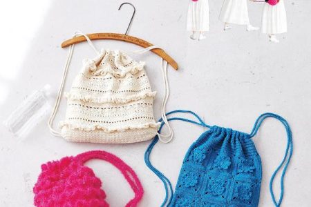 Cover of a 25 Delightful Crochet Backpack Patterns book showing a frilled cream backpack, fluffy pink bag and blue flower-square pack