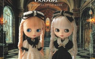 Cover of 11 Exquisite Blythe Doll Clothes Crochet Patterns book for Blythe dolls, with white and black classical dresses and bow hats in a gothic hall