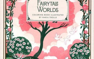 Fairytale coloring book cover with a white bear under a pink tree, doves and a rose arch