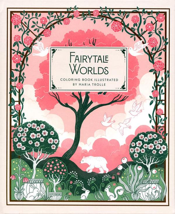 Fairytale coloring book cover with a white bear under a pink tree, doves and a rose arch